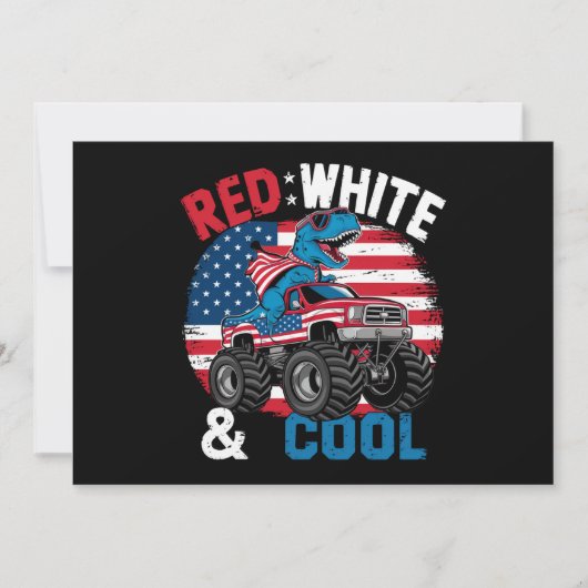 恐竜のモンスタートラック恐竜 4th of July 旗少年 招待状 (正面)