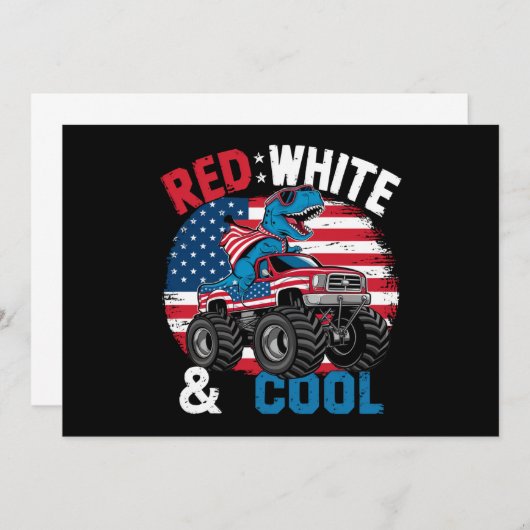 恐竜のモンスタートラックDino 4th Of 7月フラッグボーイズ 招待状 (正面/裏面)