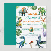 恐竜のラワーキュートな誕生日パーティの招待状 招待状 (正面/裏面)