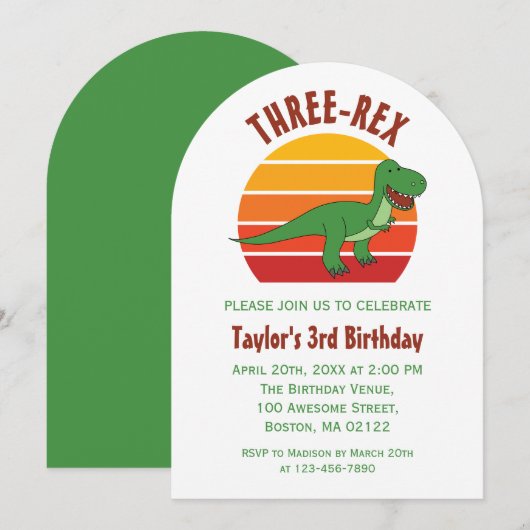 恐竜のレックスがテーマの楽しいジェンダーニュートラルな3歳の誕生日 招待状 (正面/裏面)