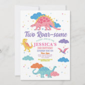 恐竜のレックスとキュートな女の子の2歳のピンクパーティー 招待状 (正面)