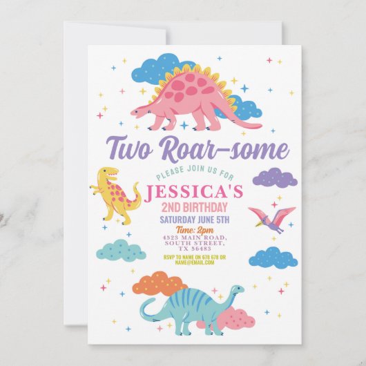 恐竜のレックスとキュートな女の子の2歳のピンクパーティー 招待状 (正面)