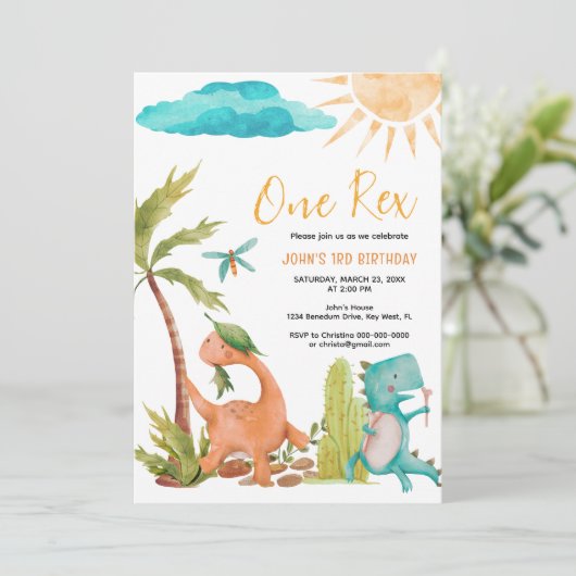 恐竜のレックス1歳の誕生日パーティーの招待状 招待状 (スタンド正面)
