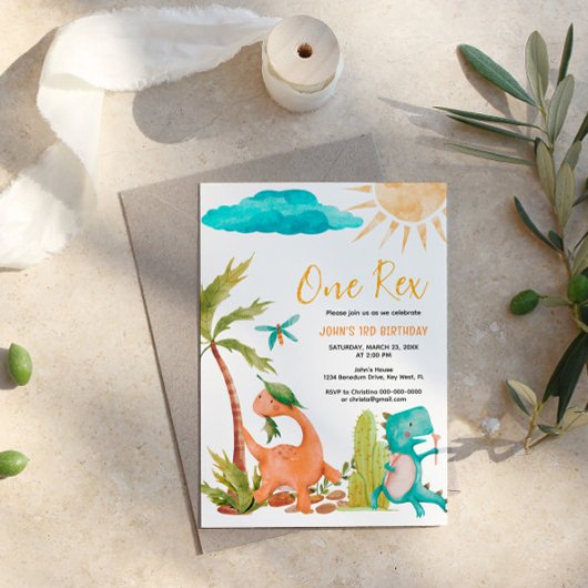 恐竜のレックス1歳の誕生日パーティーの招待状 招待状