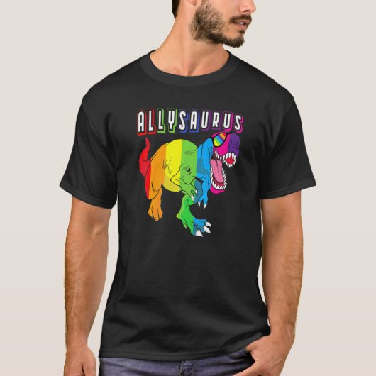 恐竜のレックスLGBTゲイプライド国旗Allysaurus Ally M Tシャツ (正面)