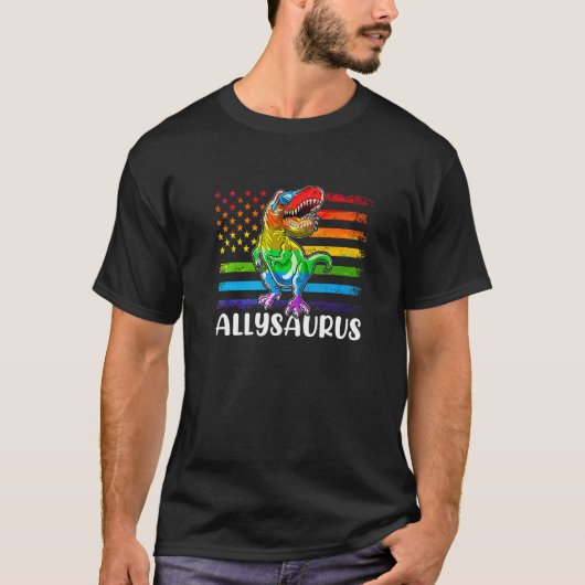 恐竜のレックスLGBTゲイプライド国旗Allysaurus Ally M Tシャツ (正面)