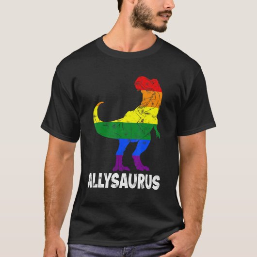 恐竜のレックスLGBTゲイプライド国旗Allysaurus Ally M Tシャツ (正面)