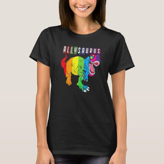 恐竜のレックスLGBTゲイプライド国旗Allysaurus Ally M Tシャツ (正面)