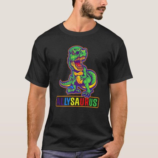 恐竜のレックスLGBTゲイプライド国旗Allysaurus Ally M Tシャツ (正面)
