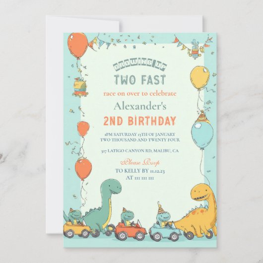 恐竜のレースカー2nd誕生日 招待状 (正面)
