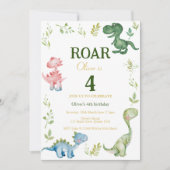 恐竜のロアー 4歳の誕生日パーティー 招待状 (正面)