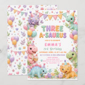 恐竜の三つ子のサウルス 女の子の3歳の誕生日パーティー 招待状 (正面/裏面)