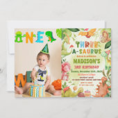 恐竜の三つ星サウルスの三つ目の誕生日の写真 招待状 (正面)