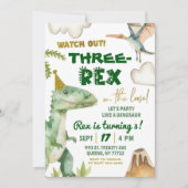 恐竜の三レックス少年の三歳の誕生日パーティー 招待状 (正面)