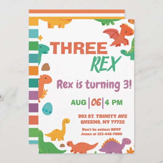 恐竜の三レックス誕生日 招待状 (正面/裏面)