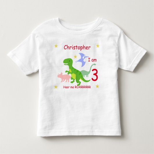 恐竜の三歳の誕生日パーソナライズされた トドラーTシャツ (正面)