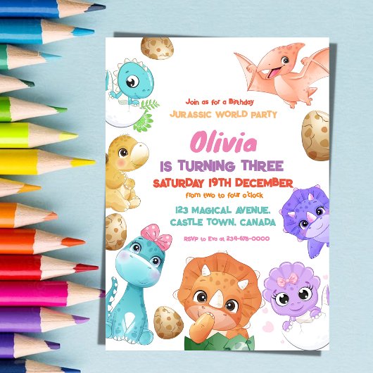恐竜の三番目の女の子の誕生日パーティーへの招待 招待状