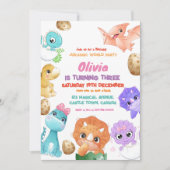 恐竜の三番目の女の子の誕生日パーティーへの招待 招待状 (正面)