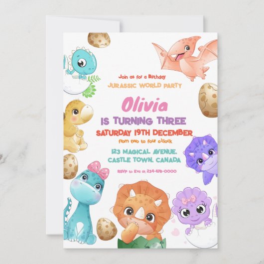 恐竜の三番目の女の子の誕生日パーティーへの招待 招待状 (正面)