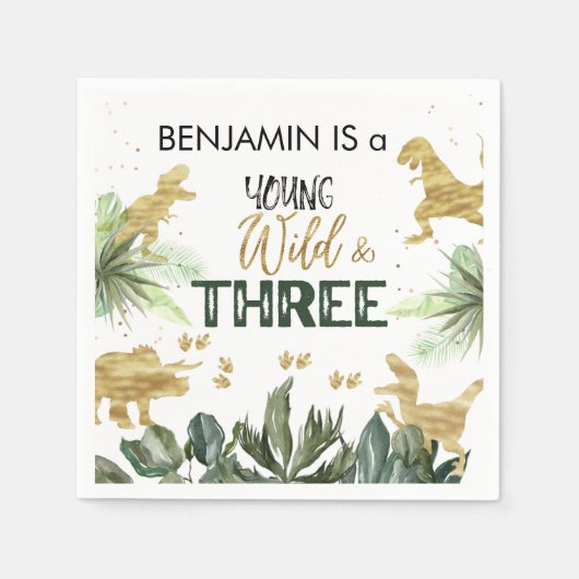 恐竜の三番目の誕生日の少年のパーティー スタンダードカクテルナプキン (正面)