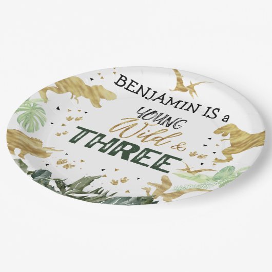 恐竜の三番目の誕生日の少年のパーティー ペーパープレート (アングル)