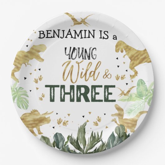 恐竜の三番目の誕生日の少年のパーティー ペーパープレート (正面)