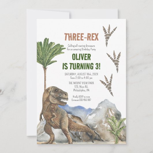 恐竜の三番目の誕生日パーティの招待状 セーブザデート (正面)