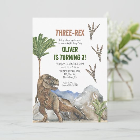 恐竜の三番目の誕生日パーティの招待状 セーブザデート (スタンド正面)