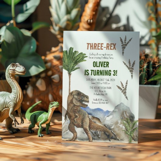 恐竜の三番目の誕生日パーティの招待状 セーブザデート