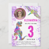 恐竜の三番目の誕生日パーティーピンク 招待状 (正面)