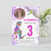 恐竜の三番目の誕生日パーティーピンク 招待状 (スタンド正面)