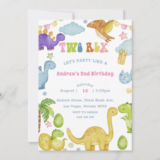 恐竜の二つ目の誕生日パーティの招待状 招待状 (正面)