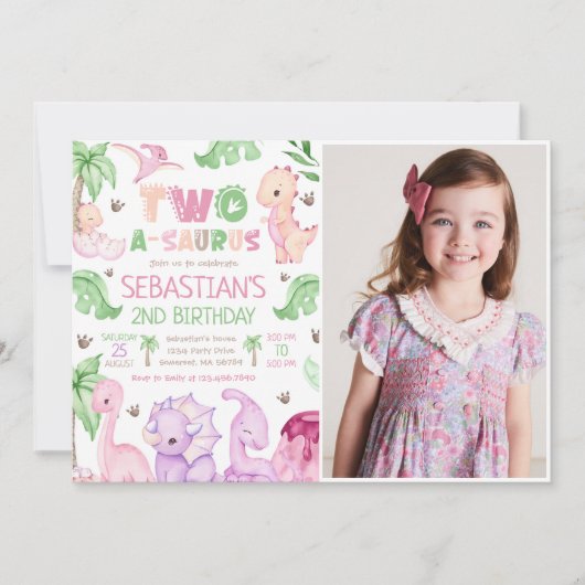 恐竜の二人A-Saurus女の子2nd誕生日の写真 招待状 (正面)