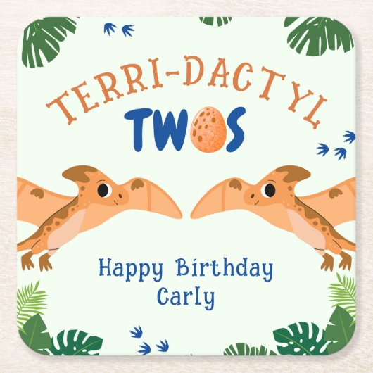 恐竜の二番目の誕生日の緑のおもしろいプテロダクティル スクエアペーパーコースター (正面)