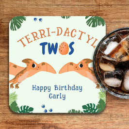 恐竜の二番目の誕生日の緑のおもしろいプテロダクティル スクエアペーパーコースター