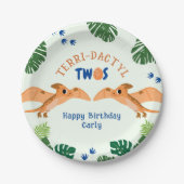 恐竜の二番目の誕生日の緑のおもしろいプテロダクティル ペーパープレート (正面)