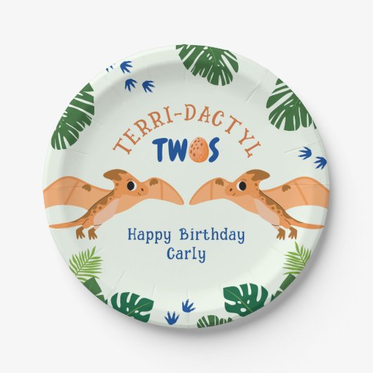 恐竜の二番目の誕生日の緑のおもしろいプテロダクティル ペーパープレート (正面)