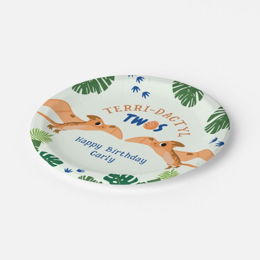 恐竜の二番目の誕生日の緑のおもしろいプテロダクティル ペーパープレート (アングル)