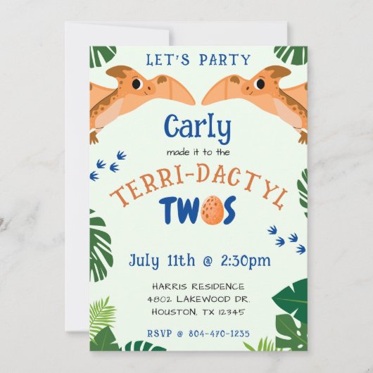恐竜の二番目の誕生日の緑のおもしろいプテロダクティル 招待状 (正面)