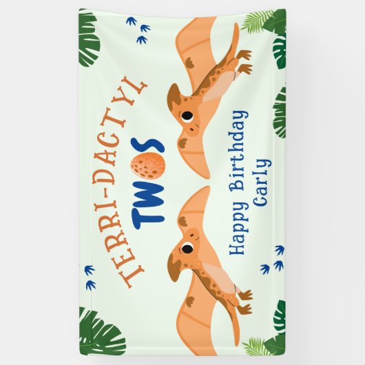 恐竜の二番目の誕生日の緑のおもしろいプテロダクティル 横断幕 (縦)