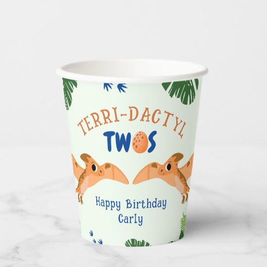 恐竜の二番目の誕生日の緑のおもしろいプテロダクティル 紙コップ (正面)