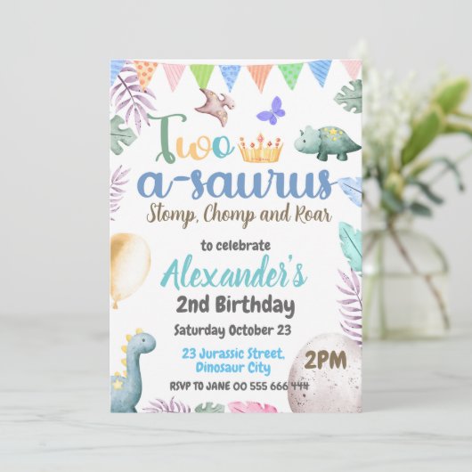 恐竜の二番目の誕生日Two-A-Saurus Boyパーティー 招待状 (スタンド正面)