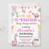 恐竜の二番目の誕生日Two-A-Saurus Girlパーティー 招待状 (正面)