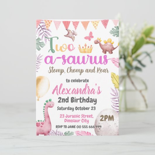 恐竜の二番目の誕生日Two-A-Saurus Girlパーティー 招待状 (スタンド正面)