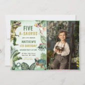 恐竜の五歳のサウルスの五歳の誕生日パーティー写真 招待状 (正面)