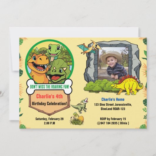恐竜の先史時代の漫画の写真の誕生日パーティー 招待状 (正面)