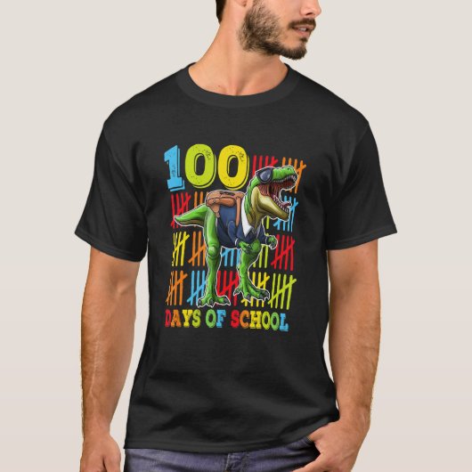 恐竜の先生の男子女子の100日目の登校 Tシャツ (正面)
