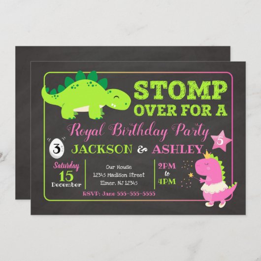 恐竜の共同誕生日の招待状/男の子及び女の子 招待状 (正面/裏面)