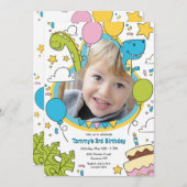 恐竜の写真の誕生日パーティー 招待状 (正面/裏面)