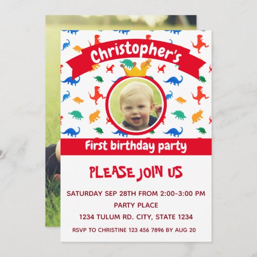 恐竜の写真パーティー赤 招待状 (正面/裏面)